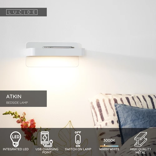Lucide ATKIN - Bedside lamp / Wall light - LED - 1x6W 3000K - With USB charging point - White - USP